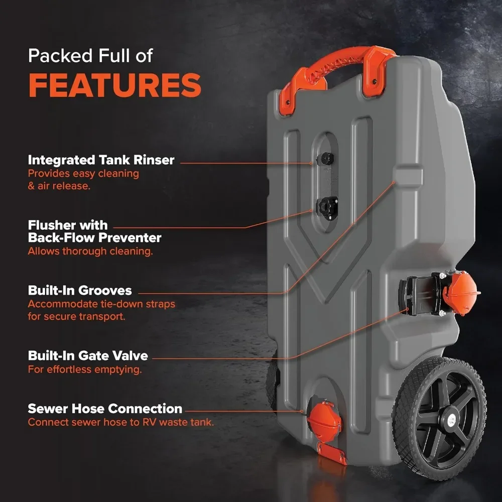 Camper portátil Rhino de 36 galões - possui rodas grandes e sem planos e válvula de portão integrada - adaptador de reboque de aço removível