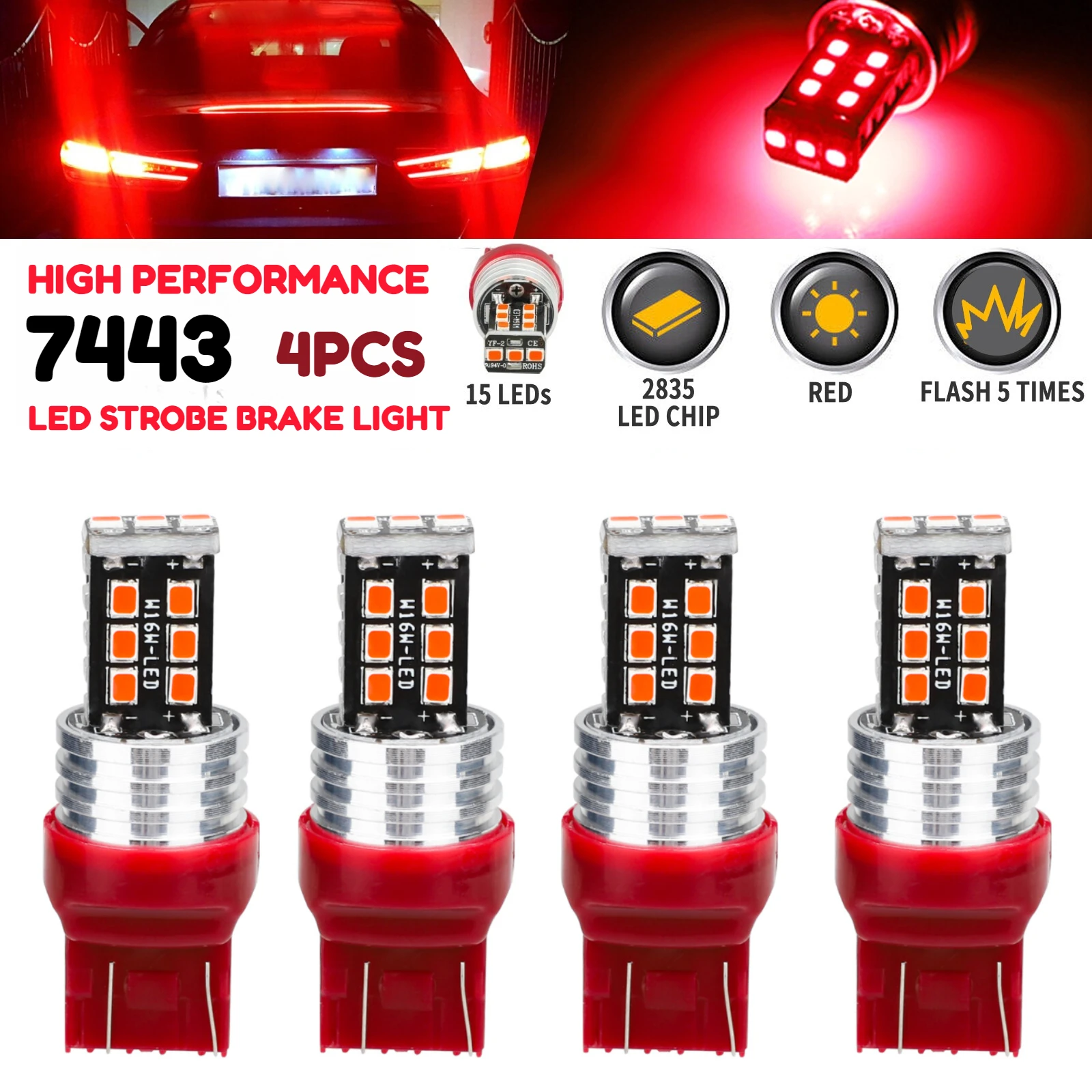 

4 шт. 7443 7440 светодиодный красный стробоскоп вспышка мигающий тормоз стоп хвост лампы для парковки