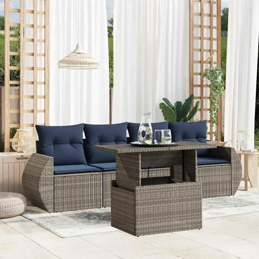 

Gray Poly Rattan 5 Piece Patio Sofa Set with Soft Cushions Outdoor Furniture Garden Seating