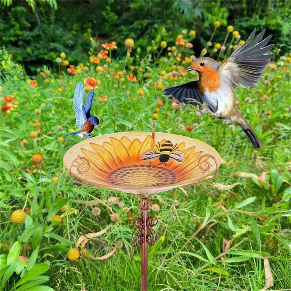 Garden Bird Bath Feeder Feeding Food Station with Stake Solar Birdbaths Fountain