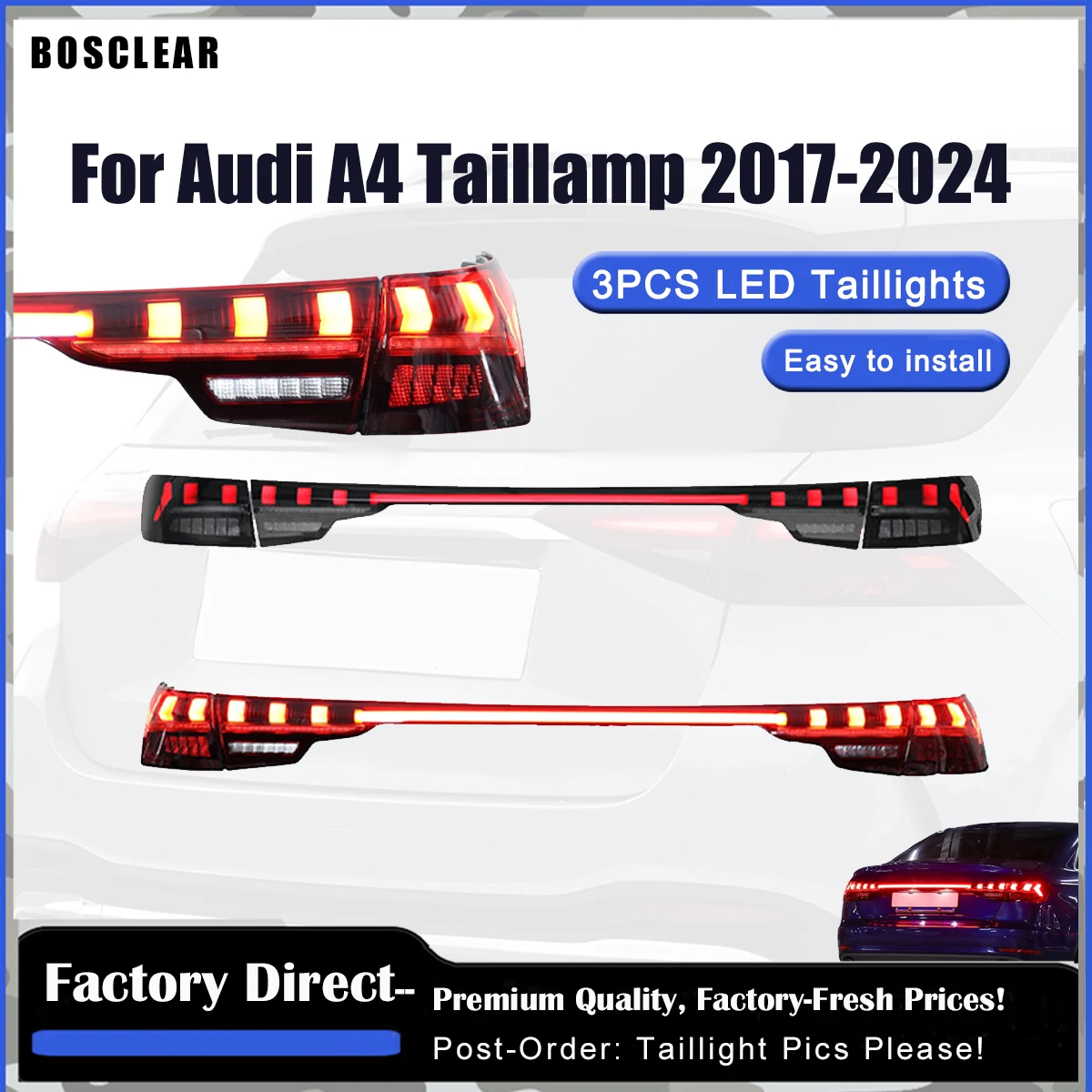 

Светодиодный сквозной задний фонарь в сборе для Audi A4 2017 2018 2019 2020 2021 2022 2023 2024, ходовые огни, стоп-сигналы, указатели поворота