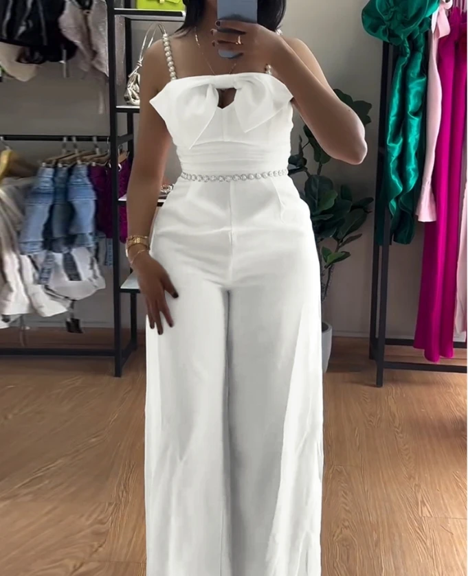 Bow design pleated slim fit jumpsuit