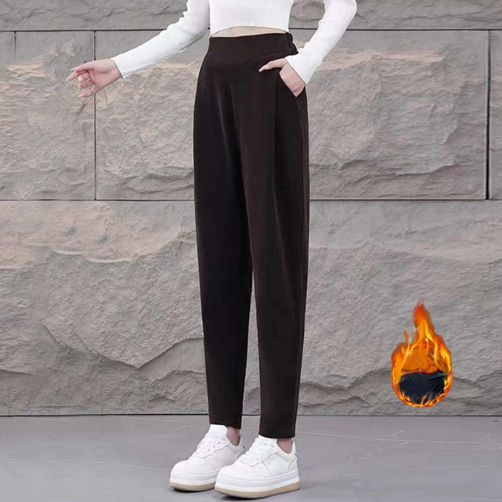 Nowe spodnie damskie na jesień i zimę 2025, z wysokim stanem, wyszczuplające, codzienne, pluszowe, ocieplane, dopasowane, typu \"harun\", spodnie marchewki, spodnie \"nożyczki\".