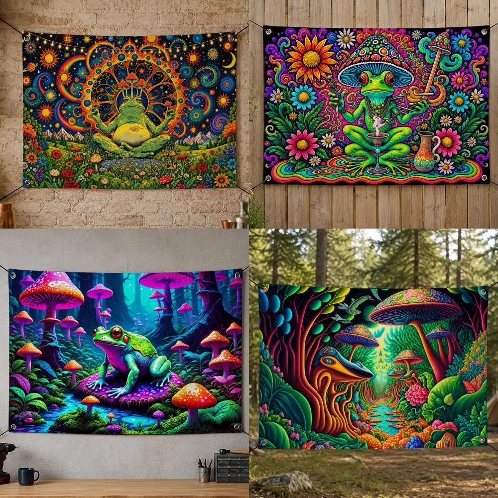 Art P-Psychedelic Frog Mushroom Meditation Flags Flag Banner for Bedroom Dorm Party Home Living Room Game Room Gift