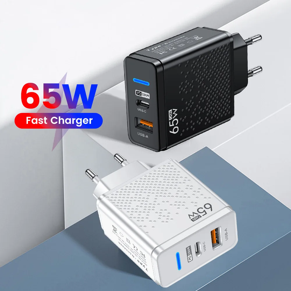 LED 65W USB-A + USB-C Fast PD Charger for iPhone Samsung Xiaomi Huawei Redmi Honor POCO USB Wall Charger Power Adapter EU/US/UK