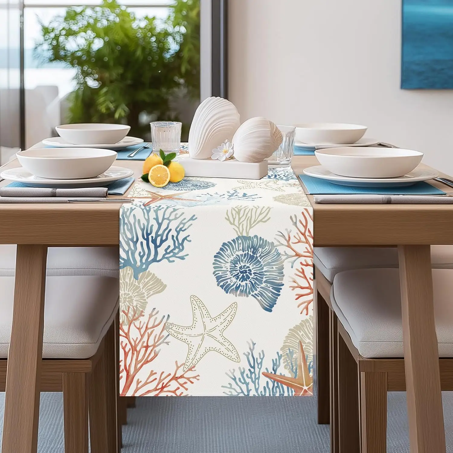Ocean Themed Starfish Coral Conch Beach Linen Table Runner Holiday Party Decor Nautical Coastal Table Runners Dining Table Decor