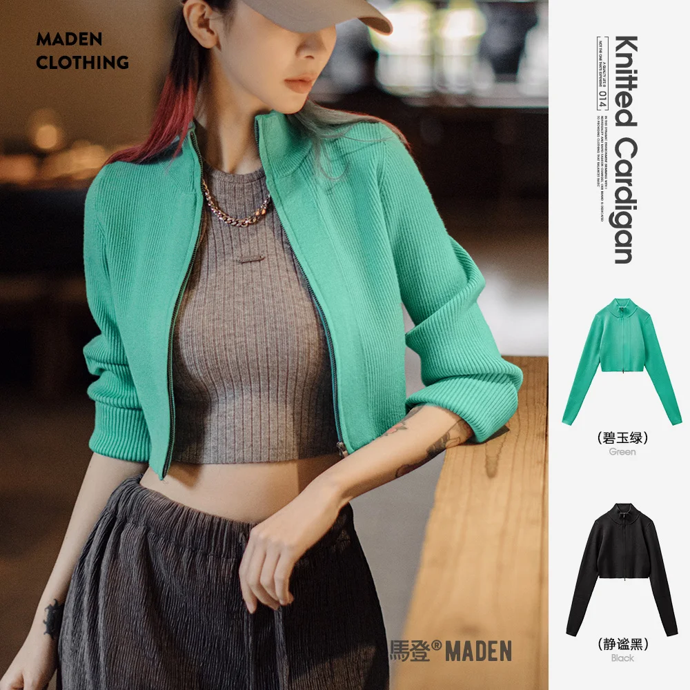 Maden Casual Slim Fit Knitted Cardigan Stretch Zip-up Stand-up Collar Long-sleeved Baseball Knitwear Tops for Women's Spring