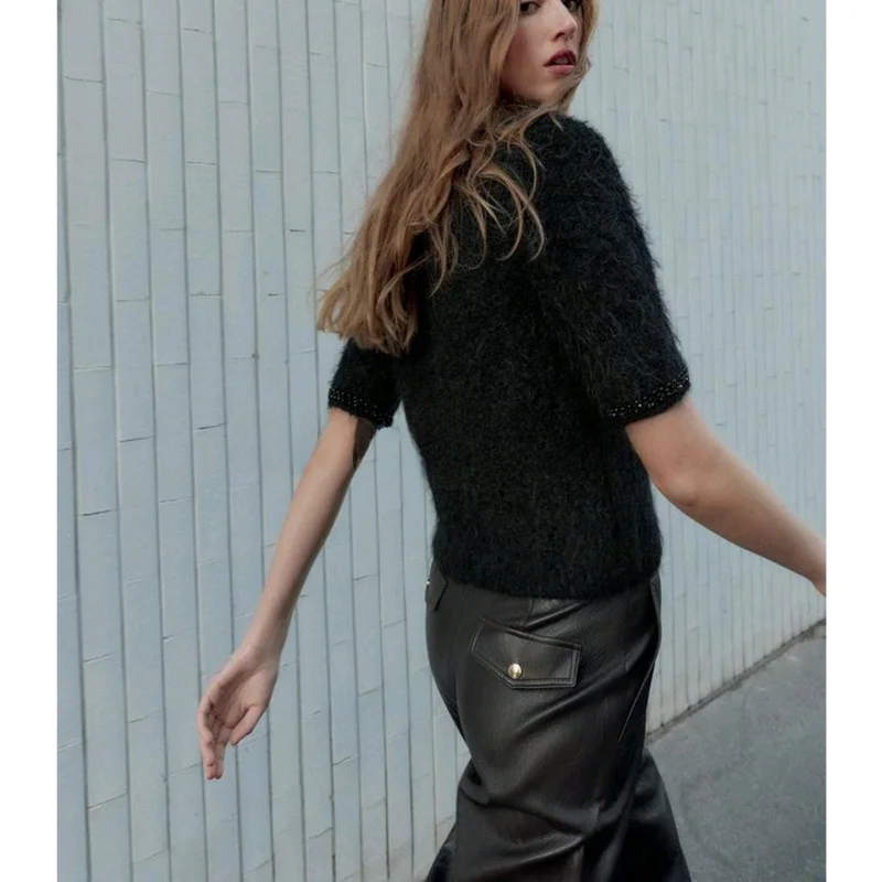 Zimowa nowa mata Damska dzianinowa bluzka z okrągłym dekoltem i koralikami Biżuteria Top Poliester Casual Dojazdy do pracy