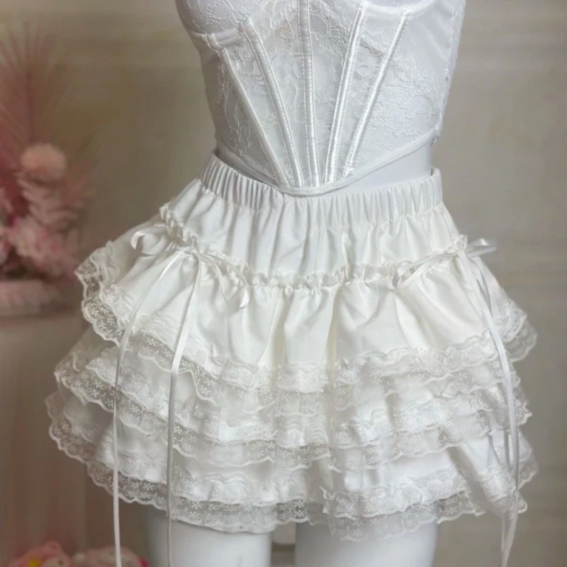

White Lace Cake Skirt Women Japanese Sweet High Waist Tierred A-line Fluffy Mini Skirts Summer Lolita Versatile Faldas