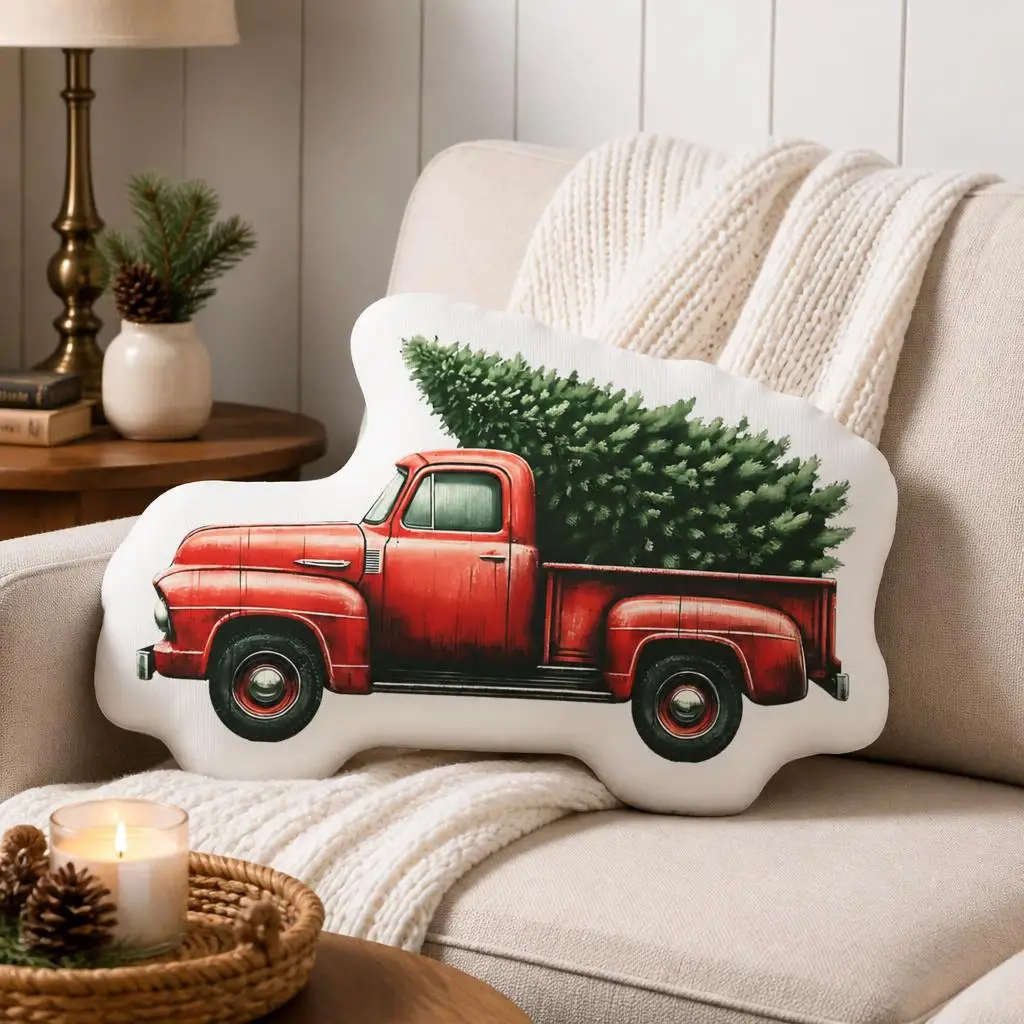 Vintage Red Truck Pick Up Christmas Tree Plush Pillow Cushion Irregular Stuffed Throw Pillow Home Decor Gift Sofa Bed Couch