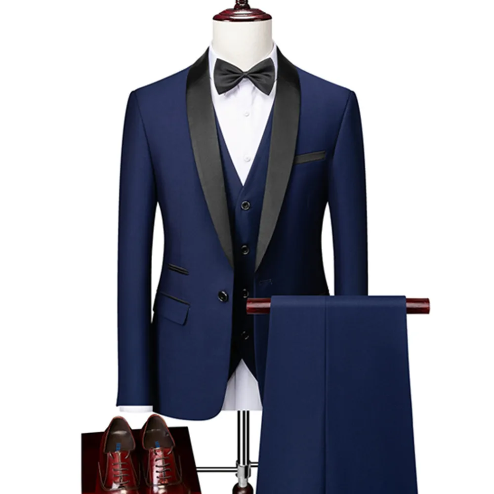 Men Lapel Black Collar 3 Pcs Suit Set Coat Vest Trousers / Business Groomsmen Groom Wedding Dress Fprmal Blazer Pants Waistcoat