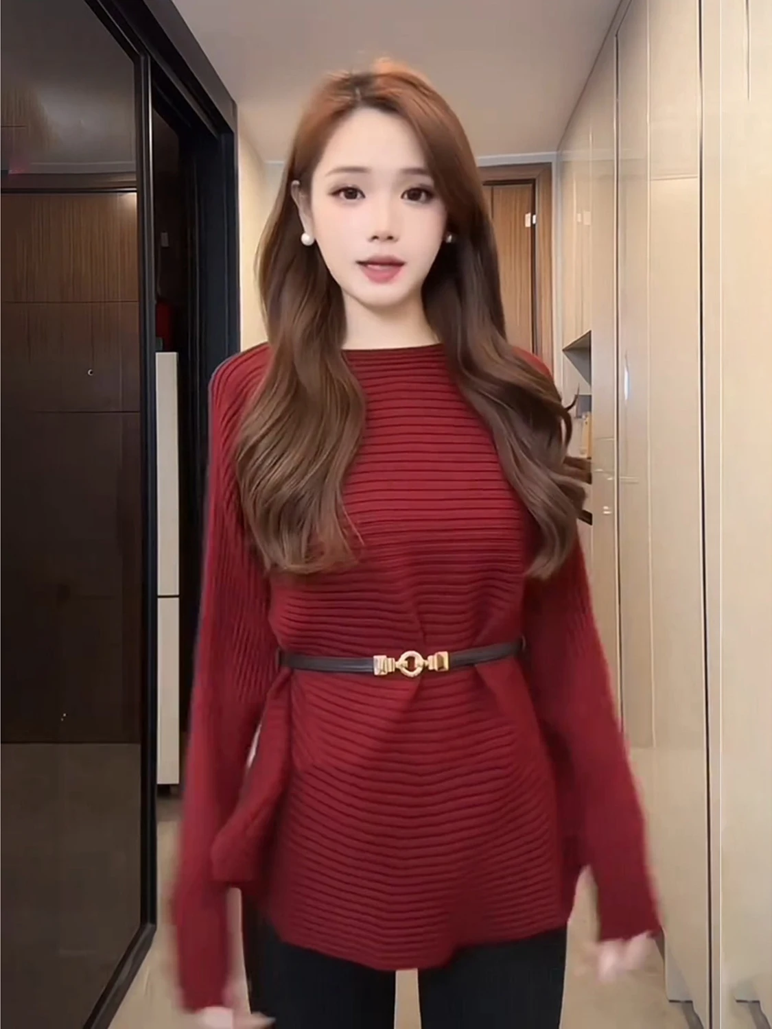 

Красный женский вязаный свитер с поясом для похудения, осенне-зимний, новый, модный, повседневный, удобный, дышащий