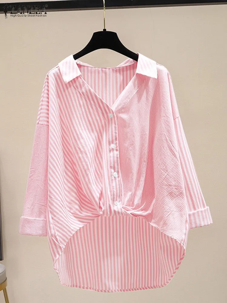 Women V Neck Long Sleeve Blouse ZANZEA Fashion Summer Striped Shirt Elegant Asymmetrical Hem Blusas Casual Work Tops Chemise