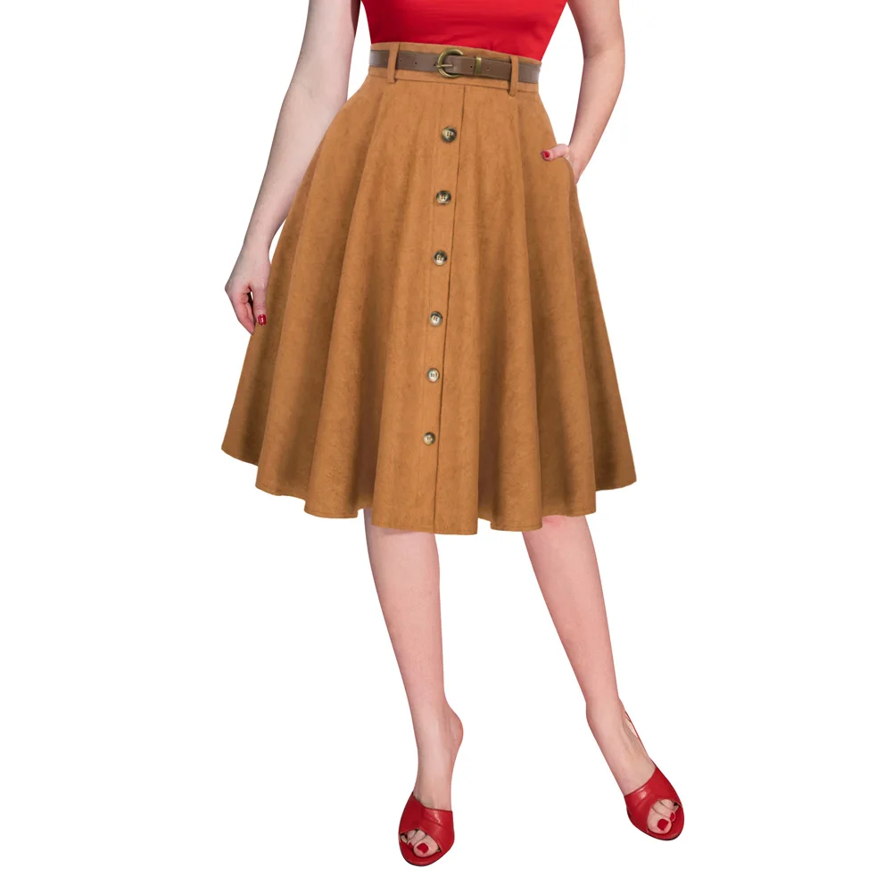 BP Women Corduroy Swing Skirts With Belt Elastic High Waist Mid-Calf Skirts Vintage A-Line Flare Skirts Retro Ladies Elegant