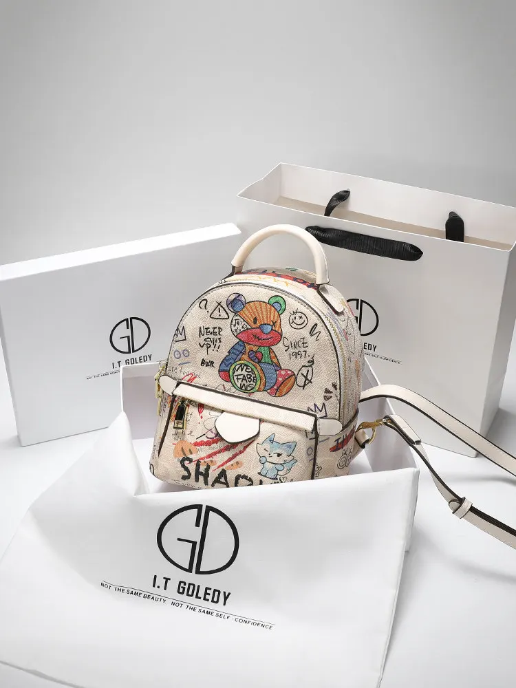 Fashion and Luxury School Bag with Delicate Cartoon Graffiti and High Quality Leather Women's Newly Trendy Backpack For Travel