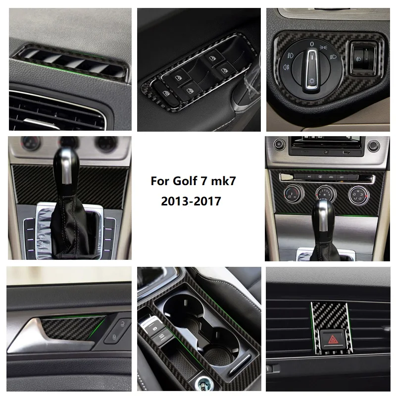 Carbon Fiber Door Window Switch Dashboard Air Outlet Vent Warning Light Gear Shift Panel Water Cup Cover For VW Golf 7 MK7 13-17