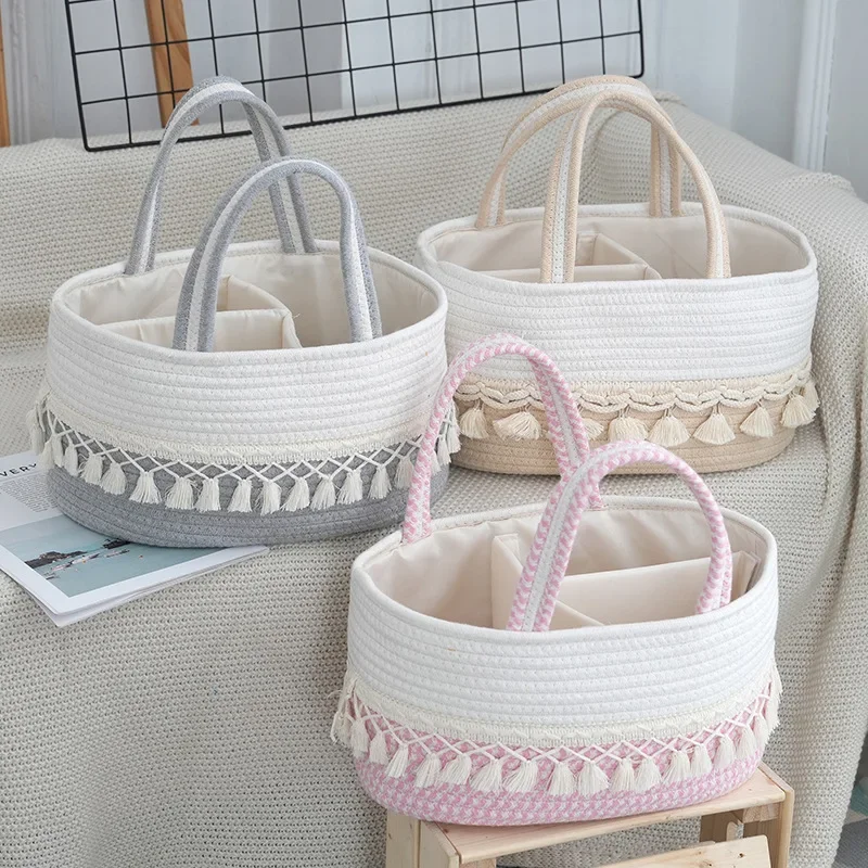 

Baby Diaper Caddy Organizer Rope Tassel Nursery Storage Bin Basket Portable Holder Tote Bag for Girl Boy