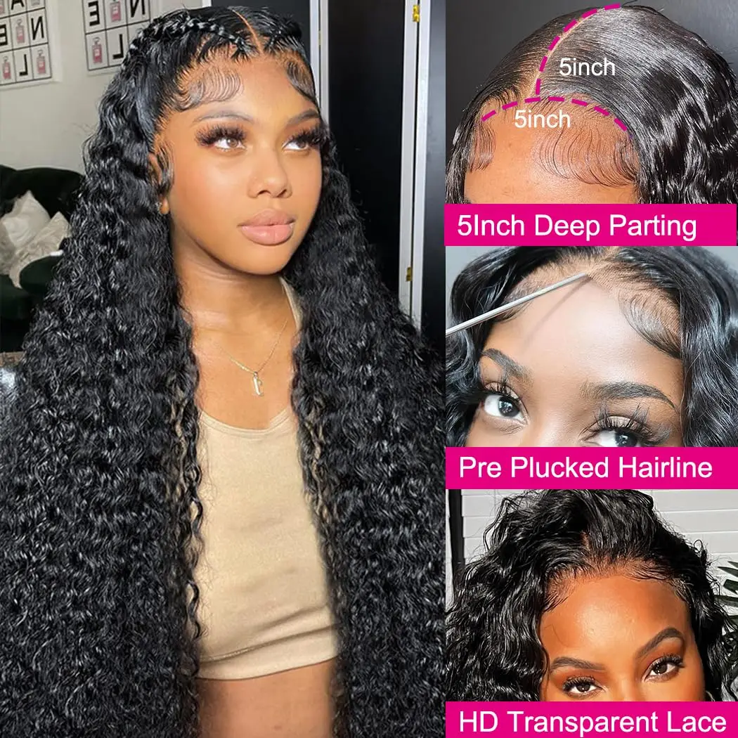 Perruque Lace Closure Wig sans colle naturelle, cheveux humains bouclés, Deep Wave, 5x5 HD, 4x4