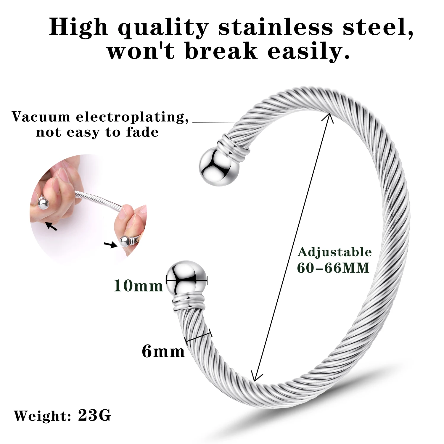 Stainless Steel Twisted Cable Wire Bracelets C-Shaped Adjustable Cuff Bangle Bracelet for Women Girls