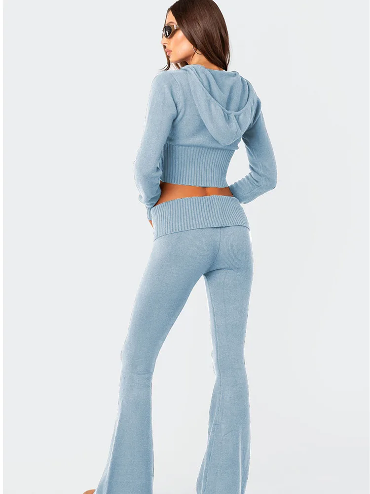 Apprabant Casual Knitted Sweatshirt Set Women Zipper Lace Up Hoodies+Pants Two Piece Sets Fashion Streetwear Blue Trouser Suits