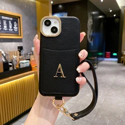 Leather Phone Case iPhone11 12 13 14 15ProMax 15Plus Gold Initial Card Holder Personalized Name Letter Crossbody Lanyard