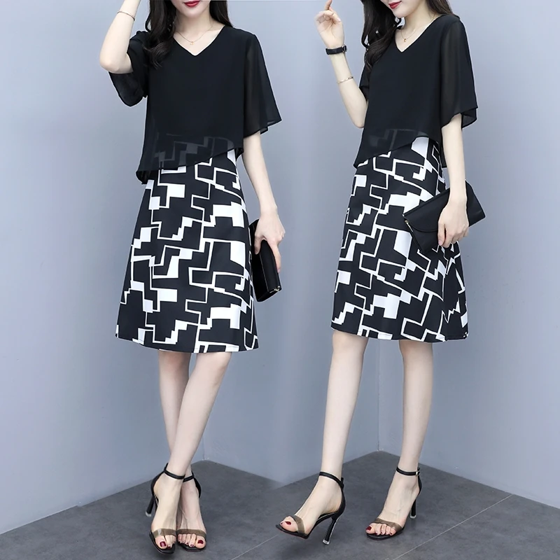 

Taiwan New Sle plus Size Dr Ele Hide Belly Meat Suitable for Fat People Mid-Length Skirt Faionable Chiffon