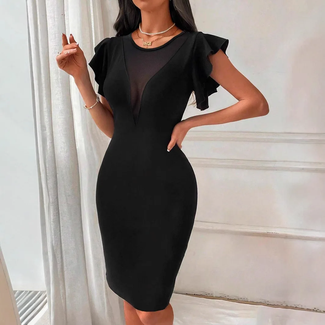 

Black Round Neck Elegant Slim High Waist Dress for Women Flare Sleeve Luxury in Summer Cocktail Dresses Short Bandage Dress