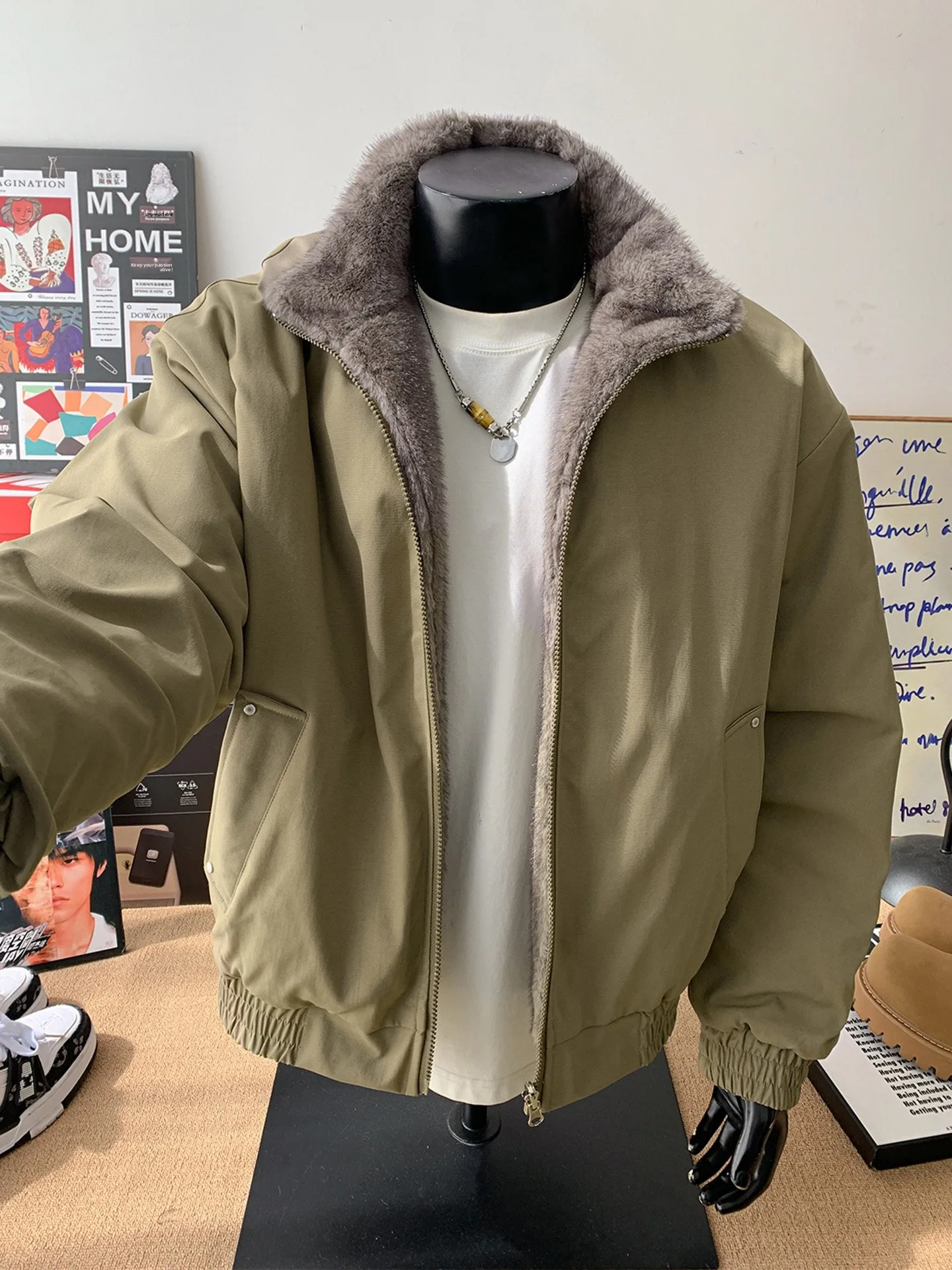   ファー裏地付き Thiened or アメリカン スレ メンズ コットン ジャケット 冬用 暖かい アウトドア カジュアル デイリー 通勤 旅行用