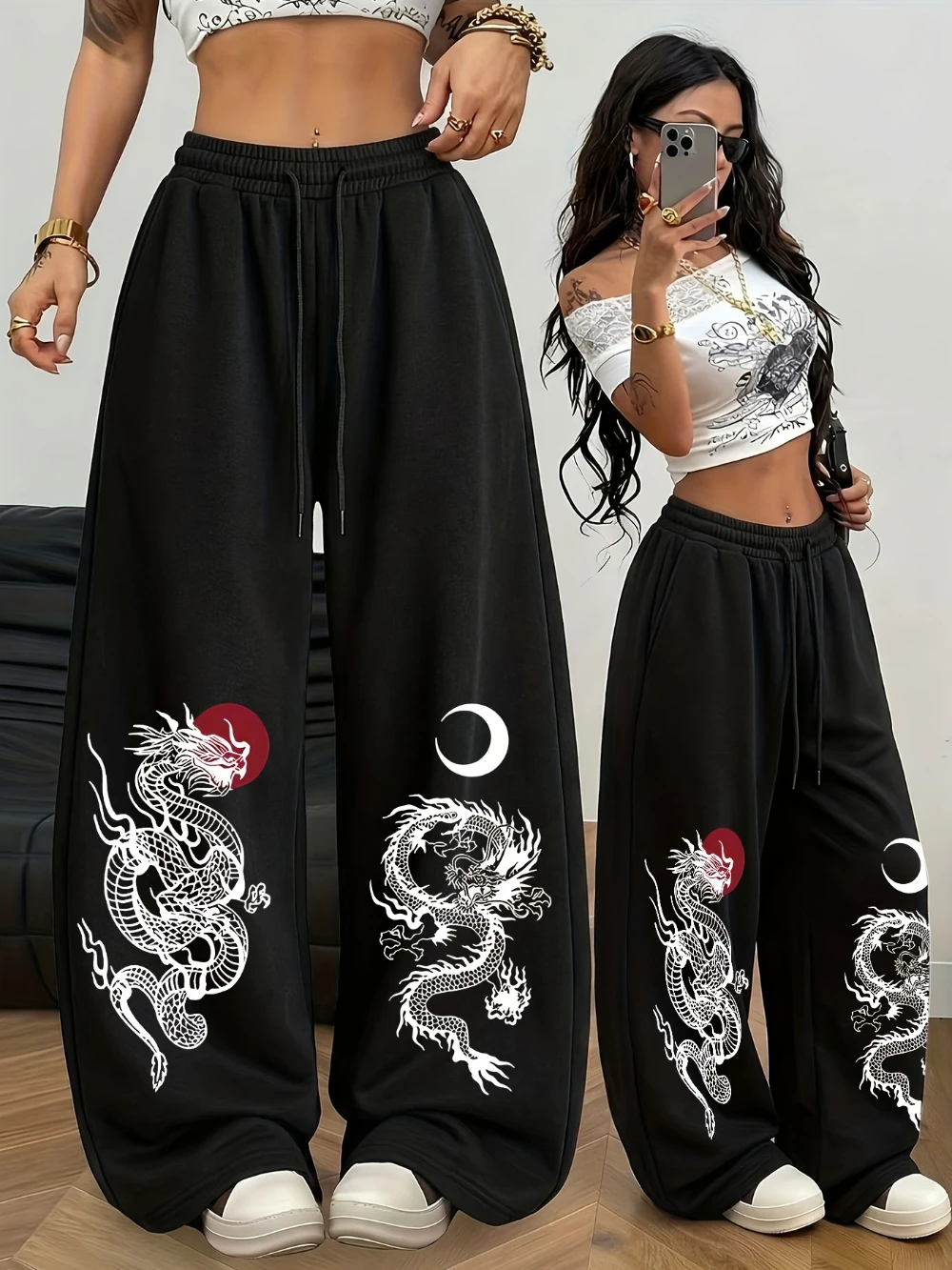 Street Style Hip-hop Wing Pattern Printed Casual Loose Sports Pants, Women's Drawstring Elastic Waist Pants Straight Leg Pants