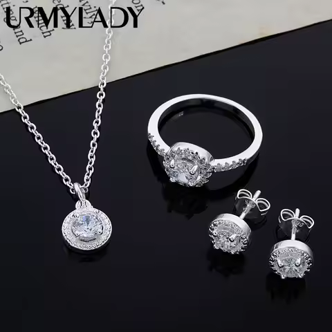 925 Sterling silver Cute Solid Christmas gift noble fashion elegant women shiny crystal CZ necklace earring ring jewelry Set