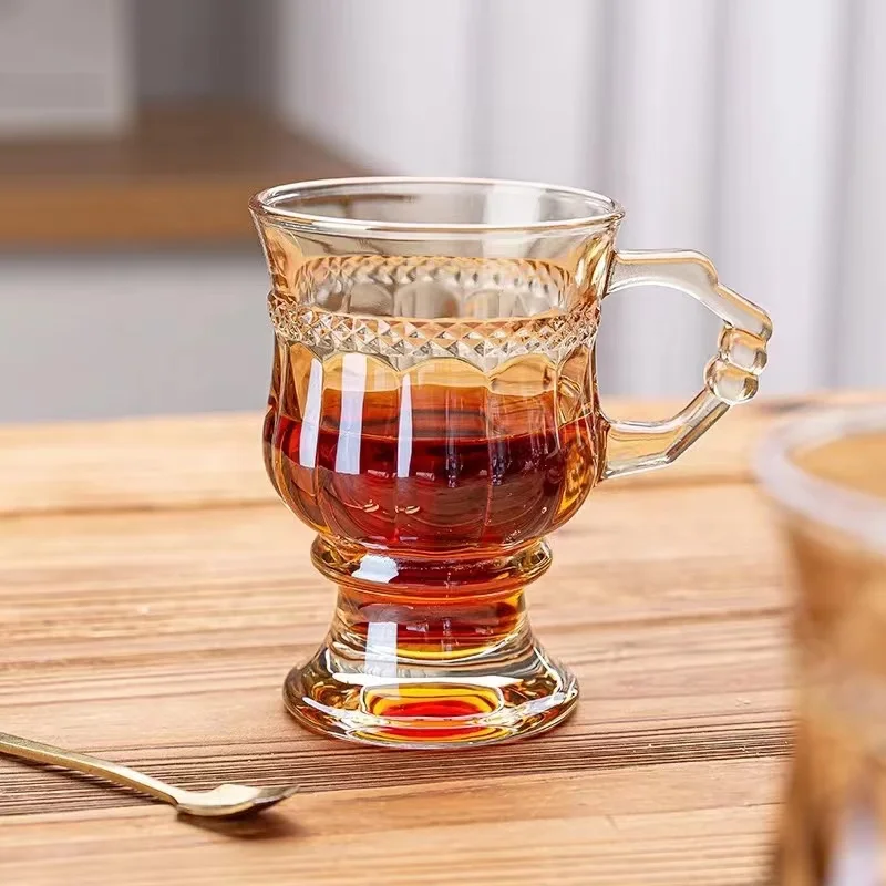 1pc Latte Coffee Cup With Handle Amber Vintage Glass Cups Wine Goblet, Cold Drink Cup, Household Utensils