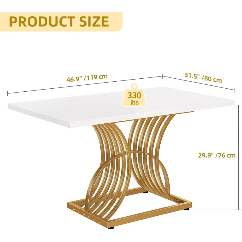 Mesa de jantar moderna para 4 pessoas Mesa de cozinha retangular de 47 polegadas com tampo de mármore falso e pernas geométricas douradas pequenas