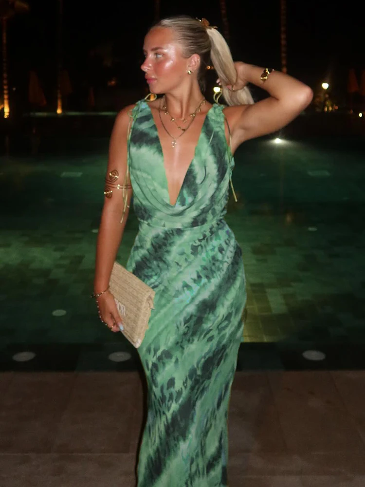 VC Artful Green Tie-Dye Abito lungo senza maniche con collo ad anello per abito da festa estivo in giardino