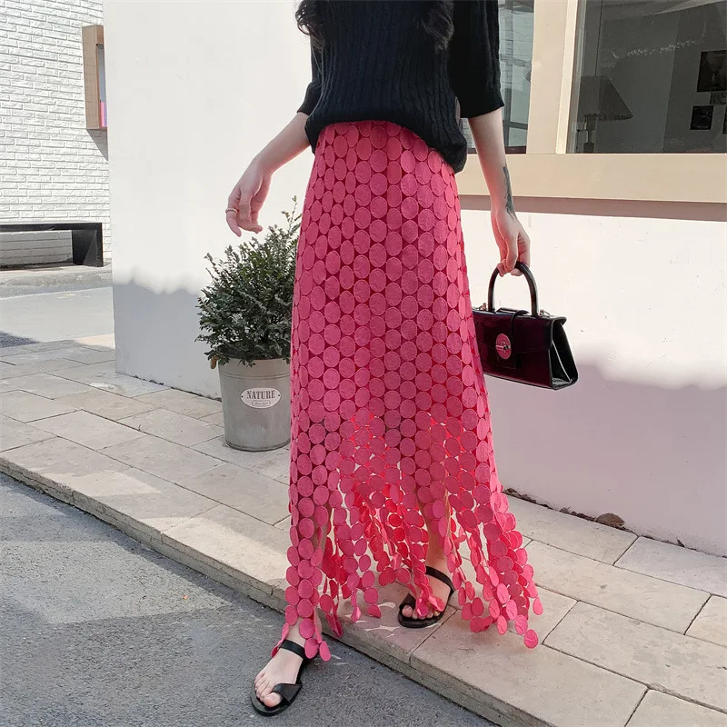 Streetwear Hollow Dotพู่กระโปรงผู้หญิง2025ฤดูร้อนใหม่ภาษาฝรั่งเศสคําสูงเอวข้อเท้าความยาวกระโปรงตรง