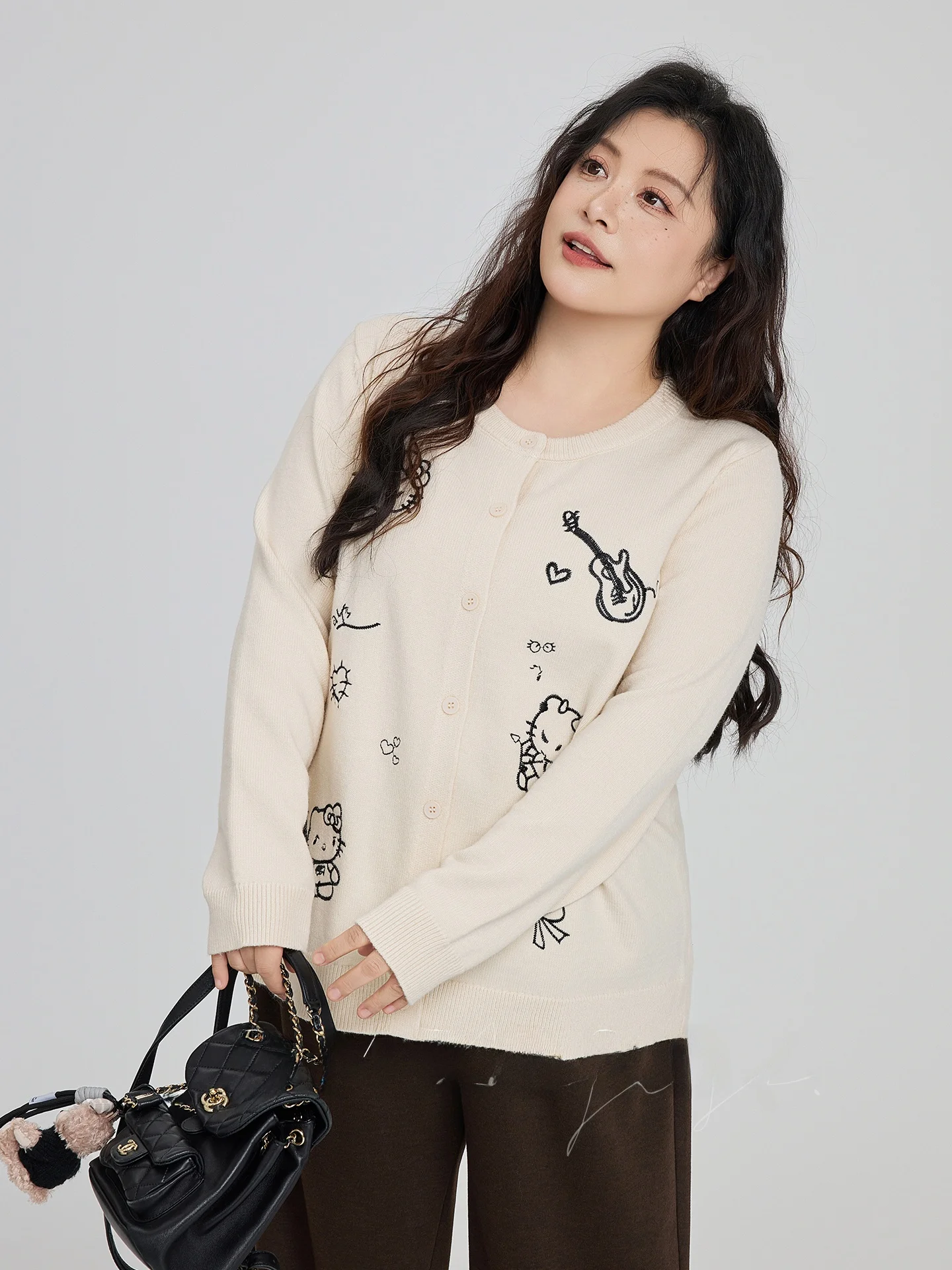 

Милый мультяшный вязаный кардиган Cisas больших размеров с круглым вырезом, на пуговицах, теплый, пушистый, женский, модный, осень-зима