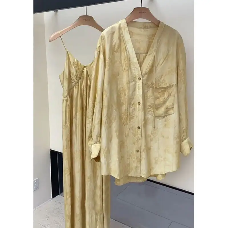 

Summer Women Suit Tie Dyed Yellow Sunscreen Long Sleeve Shirt A-line Long Slip Dress Set New Fashion Two Piece Set Women Outfits