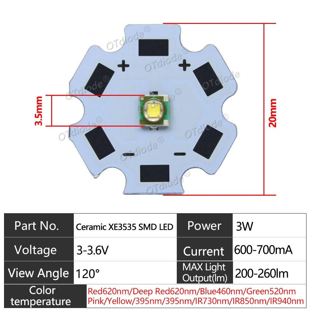 High Power LED 3W 1W 3535 XPE Chip Cold Warm White UV Royal Blue Deep Red Green IR RGBW 365 395 410 450 660nm 730 850 940nm Bead image 2