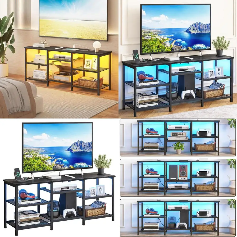 

Тумба под телевизор 55 дюймов с регулируемыми полками, развлекательный центр, открытые полки с LED-подсветкой, розетка, черный цвет