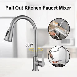 Geborsteld Nikkel Keuken Kraan Enkel Gat Uittrekbare Tuit Gootsteen Mixer Kraanstroom Sproeier Kop Chroom/Zwarte Mengkraan