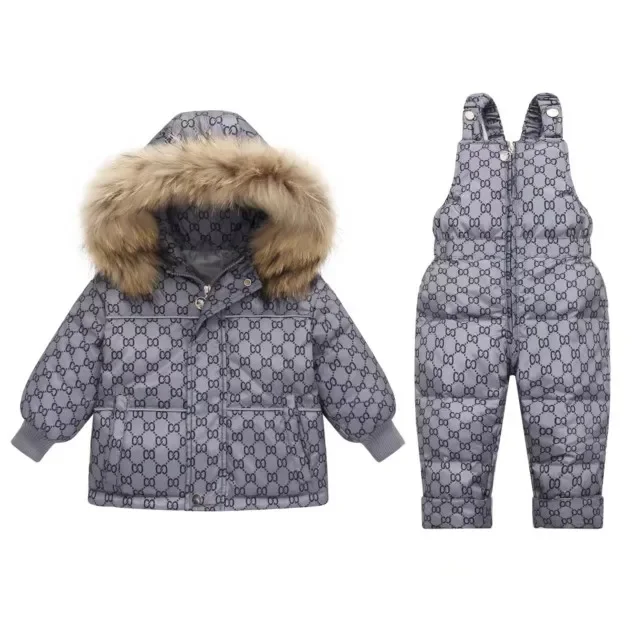 -30 Degrees Kids Clothing Set 2024 Winter New Baby Thick Fur Hooded Duck Down Jacket + Overalls Jumpsuit Suit 2Pcs Girls Boys