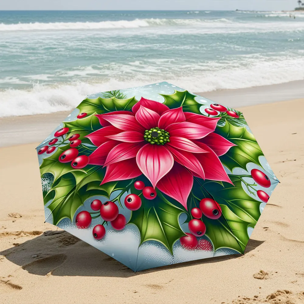 Christmas Poinsettia with Holly and Snowflakes Design Compact Fashion Folding Umbrella for Daily Use, Christmas Gift