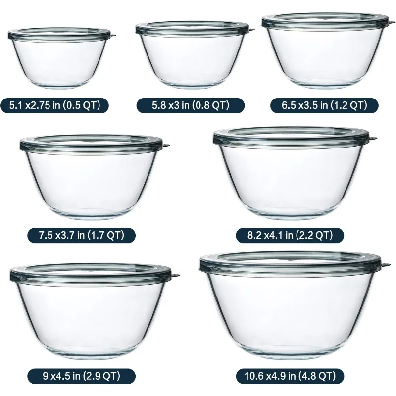 Glass Salad Bowls with Lids-14-Piece Set, Salad Bowls with Lids, Space Saving Nesting Bowls - for Meal Prep, Food Storage