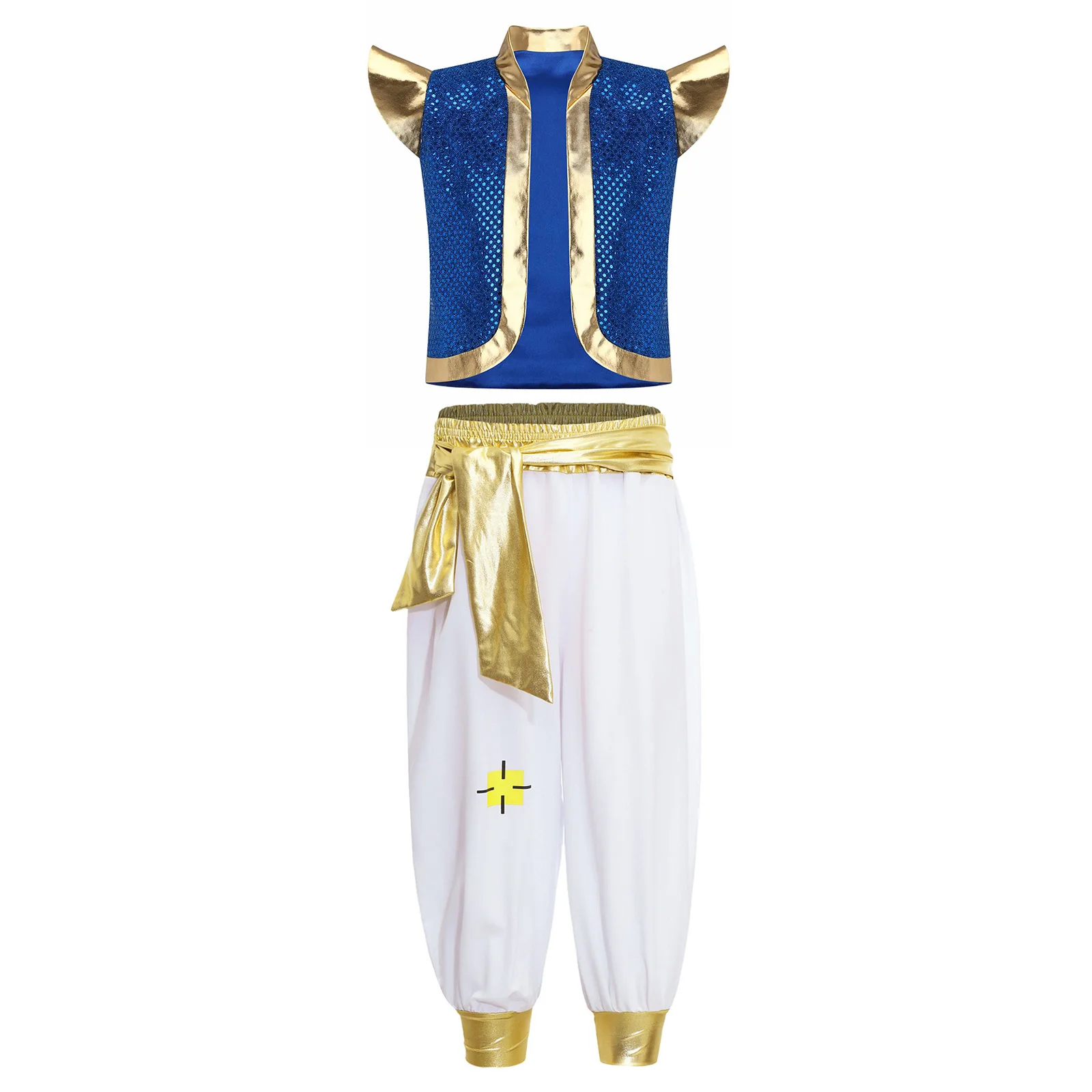 

Halloween Ancient Arabian Indian Prince Cosplay Outfits Sequins Vest with Patchwork Pants for Holiday Festival Party Performance