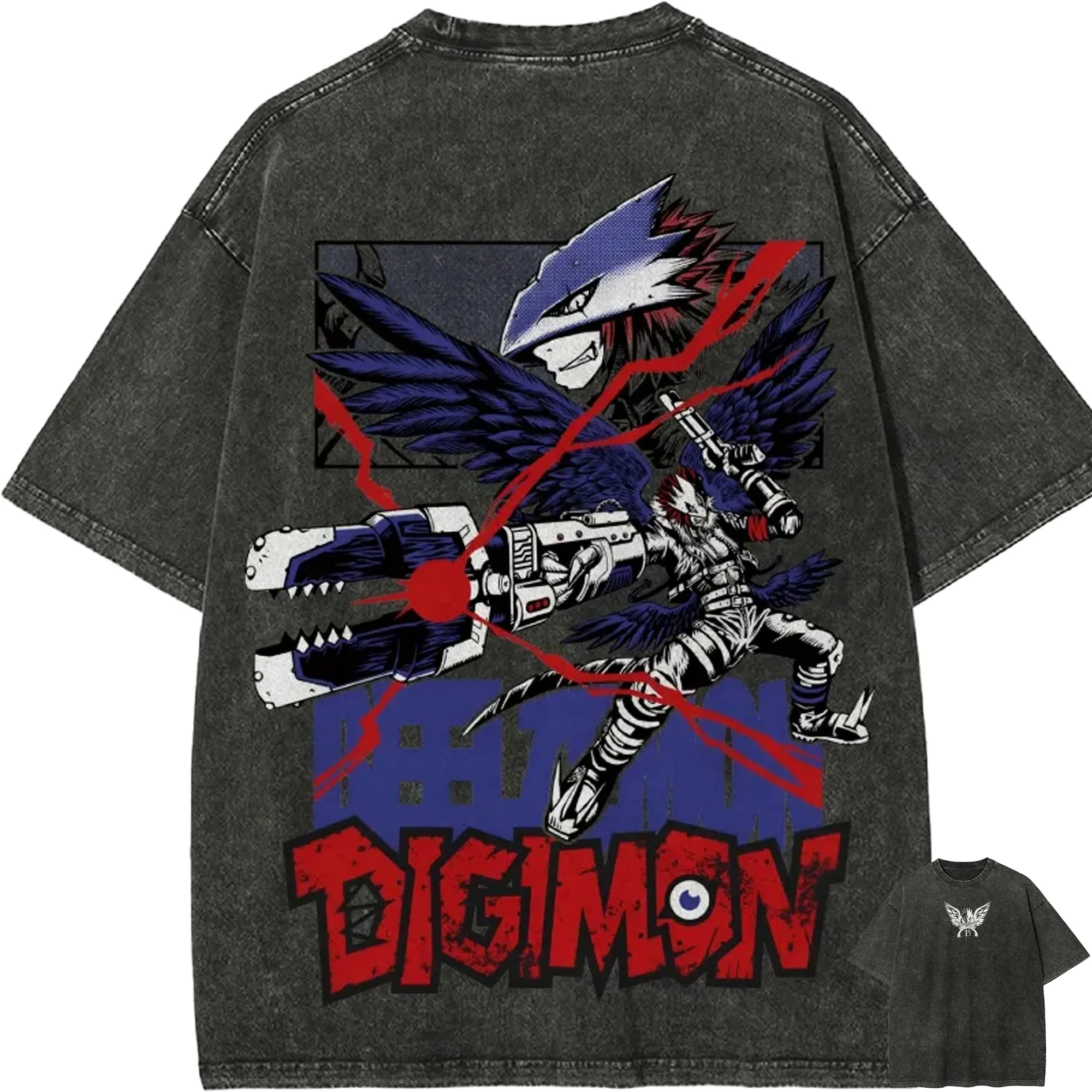 Beelzemon Blast Mode T-Shirt Digimon Impmon Vintage Acid Wash Streetwear Übergroße Retro Japanische Anime Grafik Baumwoll-T-Shirts