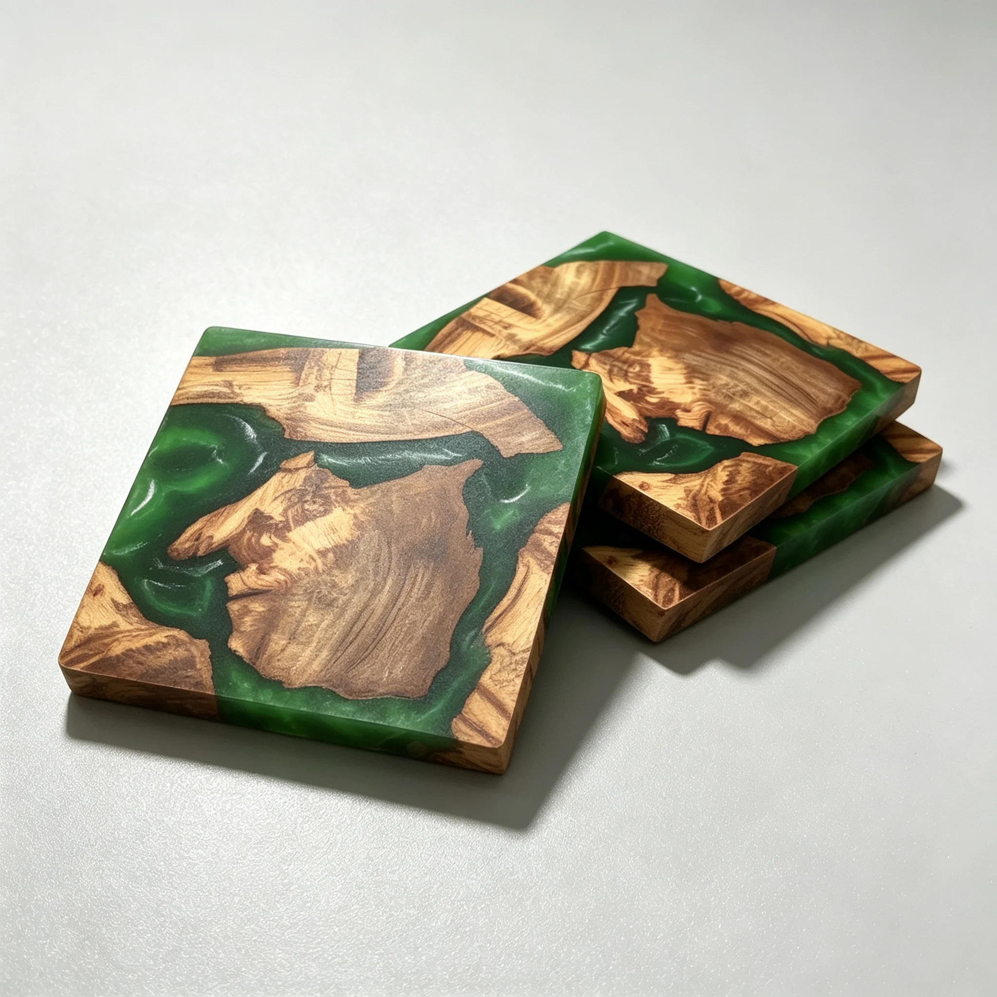 Jaswehome 4pcs Square Green River Epoxy Resin Wood Coaster Set Heat Resistant Drink Cup Mat Table Protector Coffee Tea Coasters