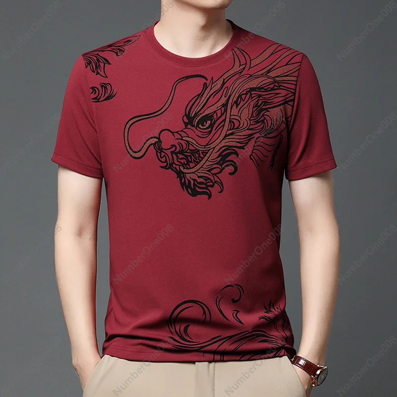 Summer New Short-sleeved Men's Trend Round Neck Printed Middle-aged and Young Casual Top Men's Fashion Dragon T-shirt Men's