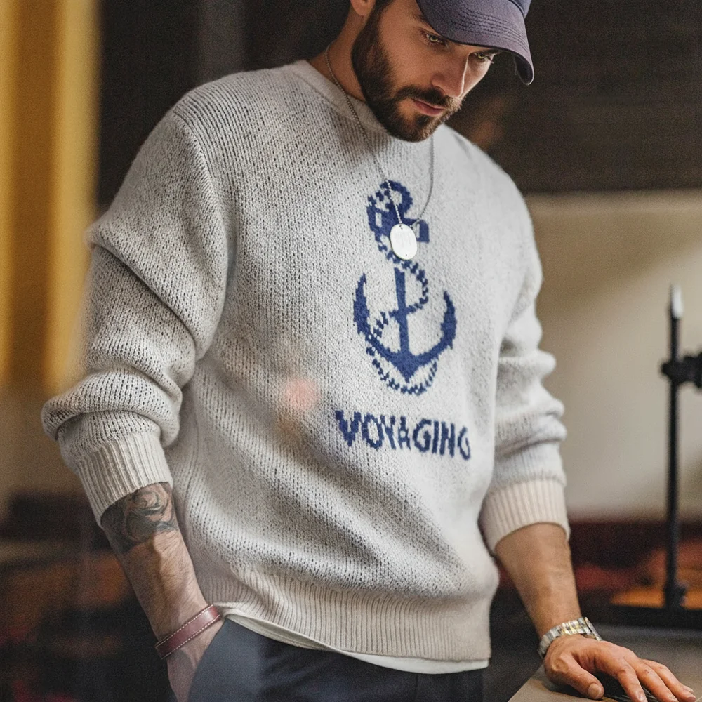 Maden-suéter estampado de punto Retro para hombre, jersey de cuello redondo acanalado cálido y versátil, Tops de capa Base de otoño e invierno