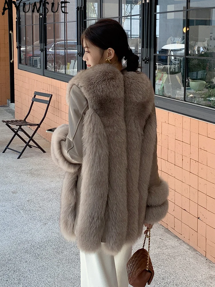 AYUNSUE 2025 새로운 여우 모피 자켓 여성 정품 양피 퍼퍼 자켓 여성 의류 두꺼운 따뜻한 가죽 자켓 Abrigo Mujer