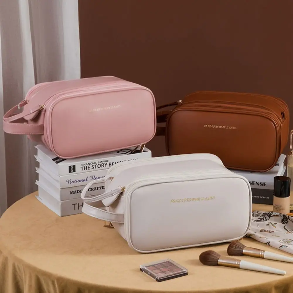 

Косметичка из искусственной кожи с двойной молнией, многофункциональная водонепроницаемая косметичка, сумка для ручной клади, сумка для макияжа в корейском стиле