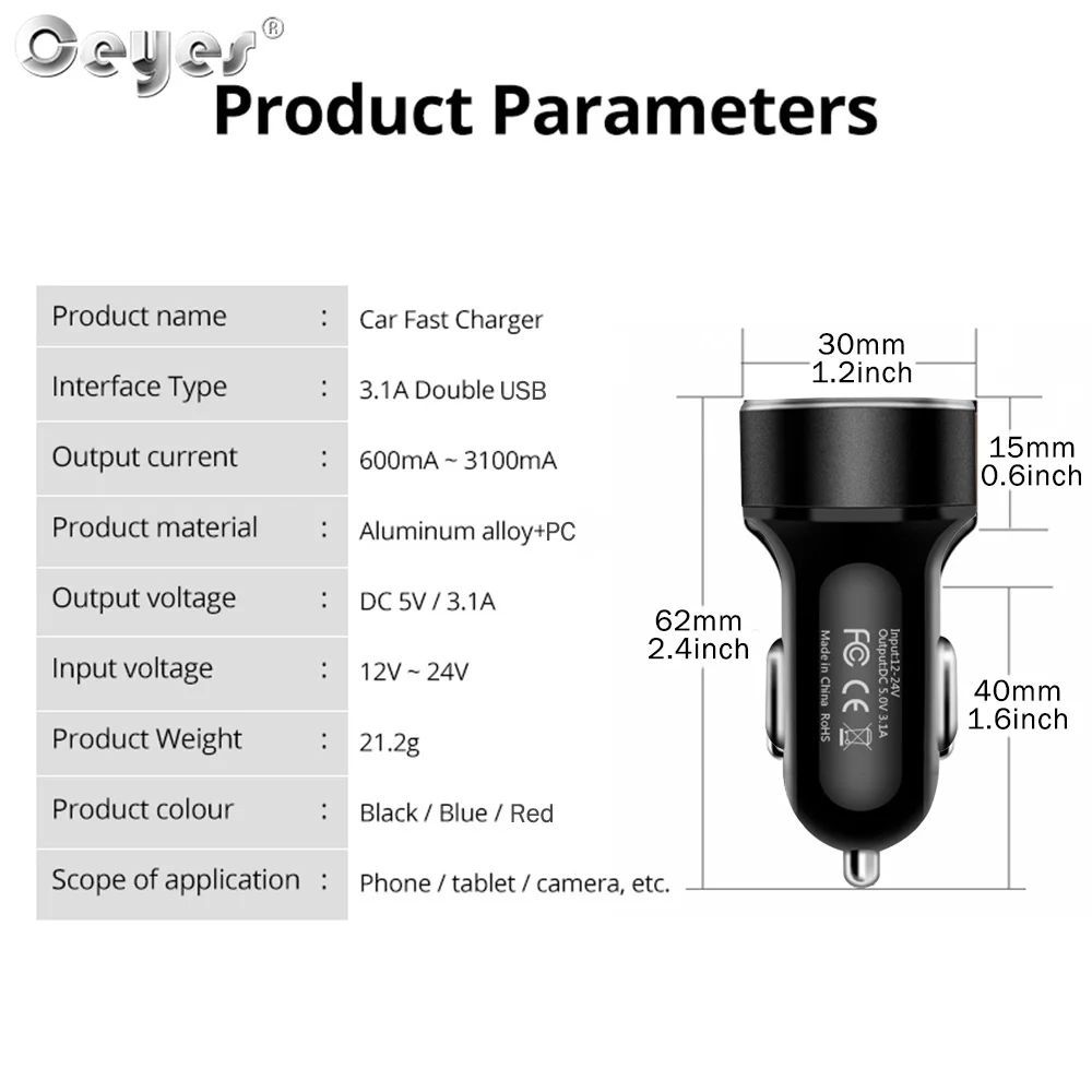 Dual USB Car Charger QC3.0 Quick Charging Phone Charger 12V-24V Cigarette Lighter Socket with LED Voltmeter Display